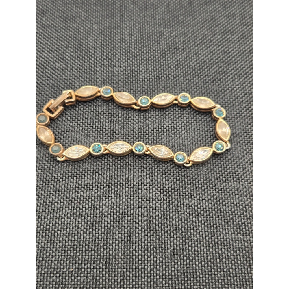Gold Tone Marquise Clear Crystal Teal Blue Rhinestone Link Bracelet 6.5 Inch